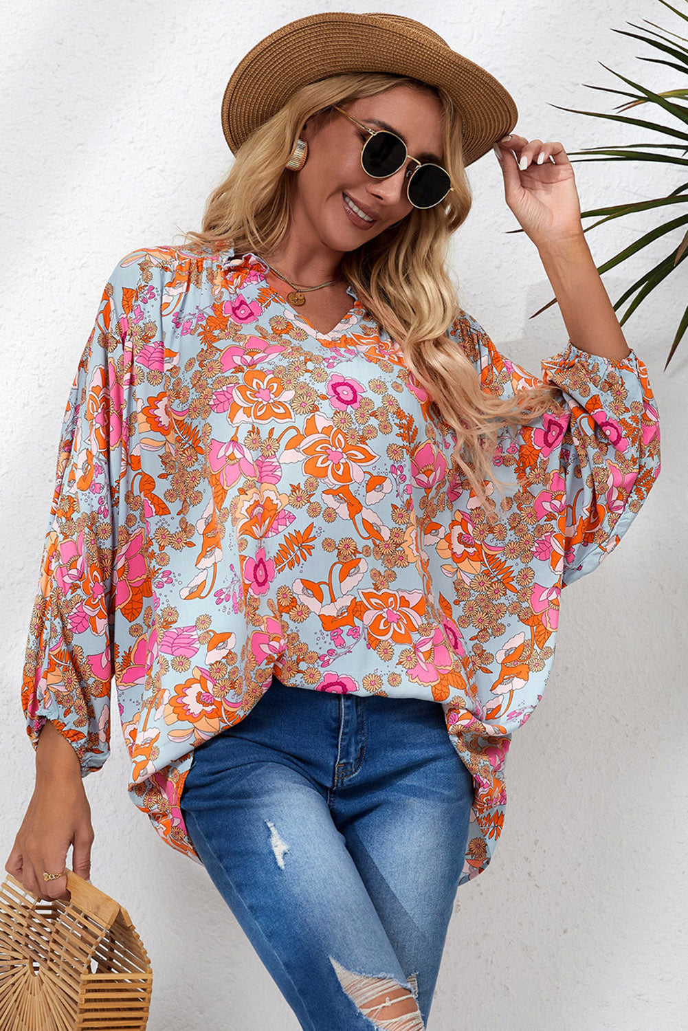 Preppy's Floral Frill Trim Balloon Sleeve lose fit Blouse