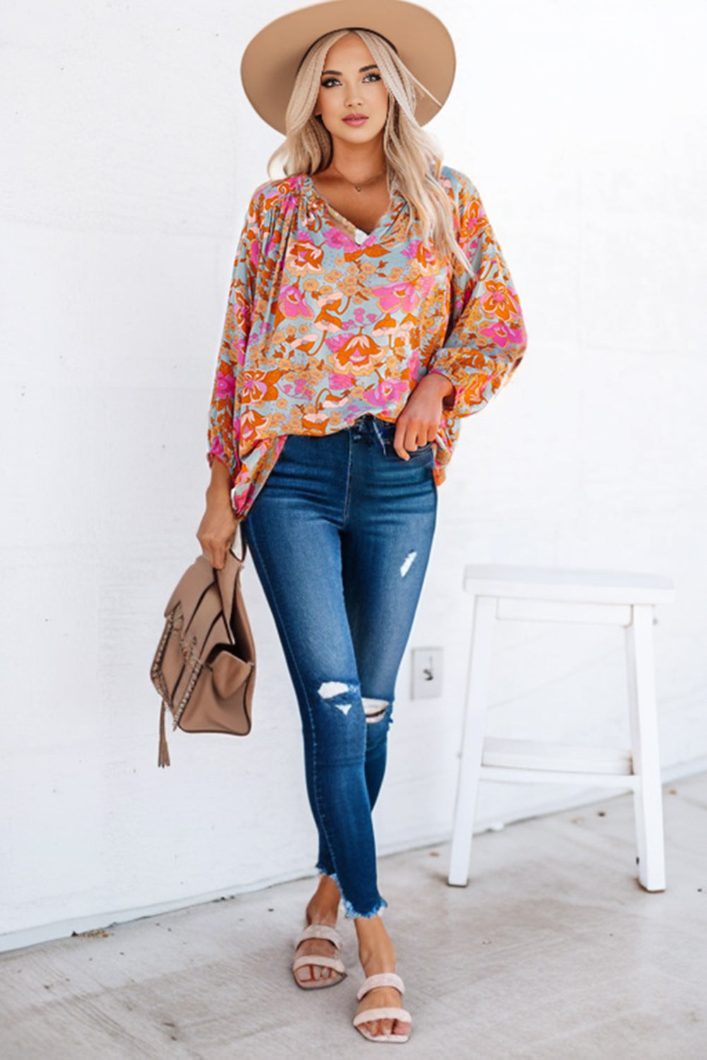 Preppy's Floral Frill Trim Balloon Sleeve lose fit Blouse